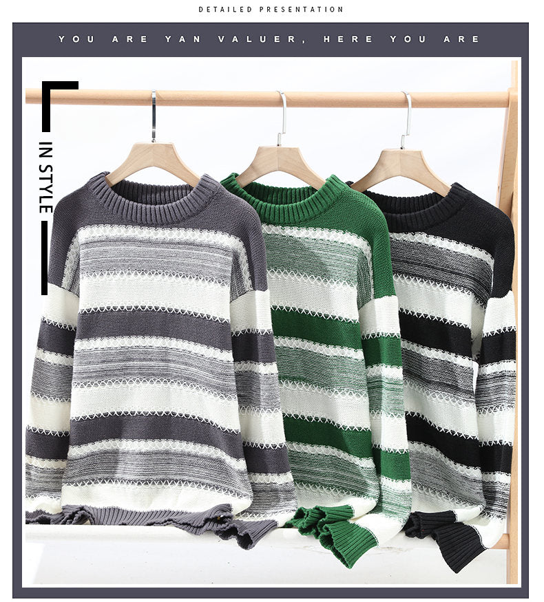 Sweater Men's Spring Autumn and Winter Retro New Contrasting Color Stripes Trend