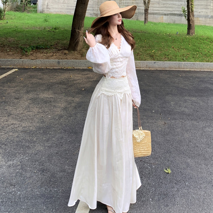 Tranquil Chiffon Blouse + Sculpted Skirt Set | Delicate Lace Details