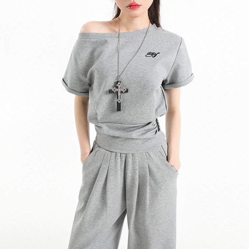 Stillness Sport Set: Slate-Gray Off-Kilter Shoulder Top + Engineered Relaxed Pants
