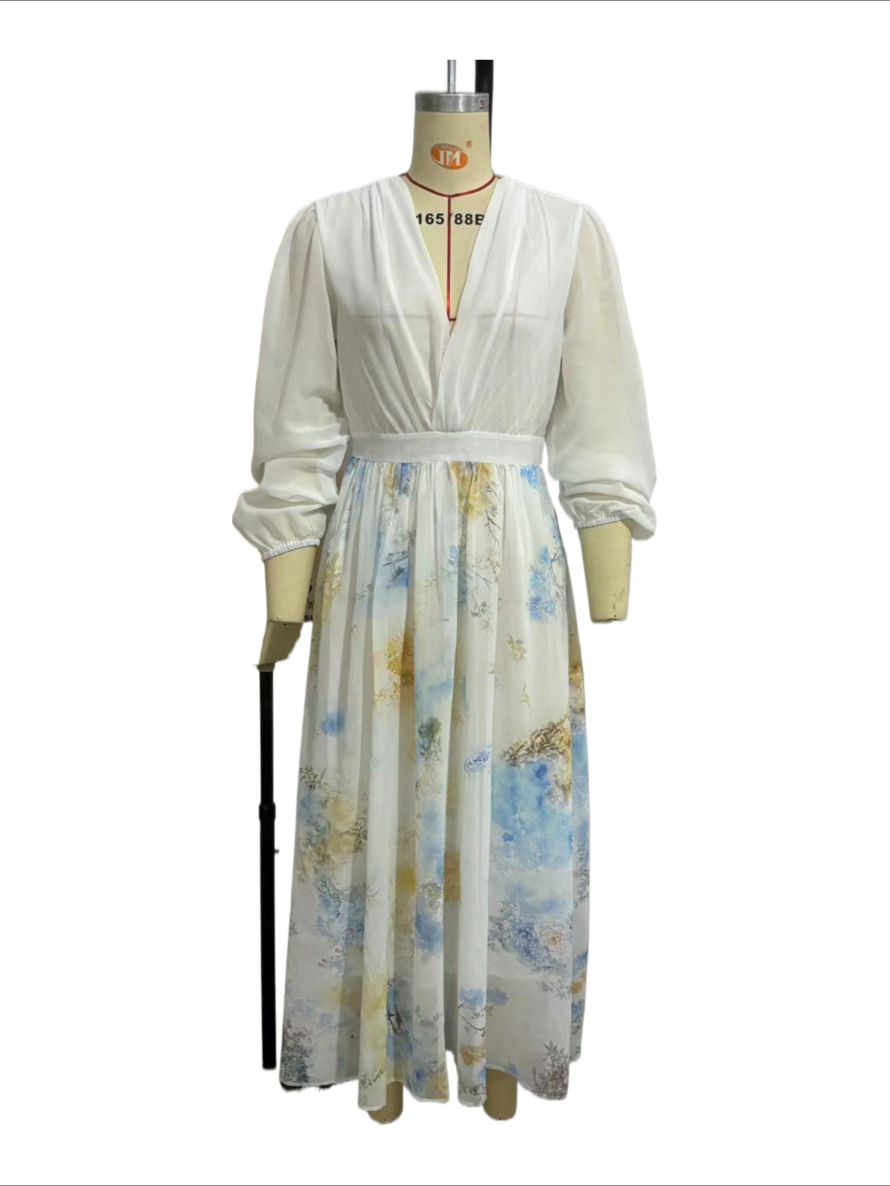 Dark Academia Maxi Dress - Artistic Digital Print V-Neck with Contrast Panelled Sleeves
