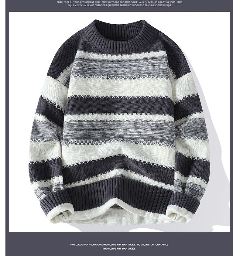 Sweater Men's Spring Autumn and Winter Retro New Contrasting Color Stripes Trend
