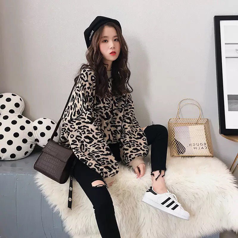 Autumn and Winter New Leopard Print Sweater Women's Korean Version Loose Lazy Wind Pullover Internet Celebrity Small Fresh Knitted Sweater Tide