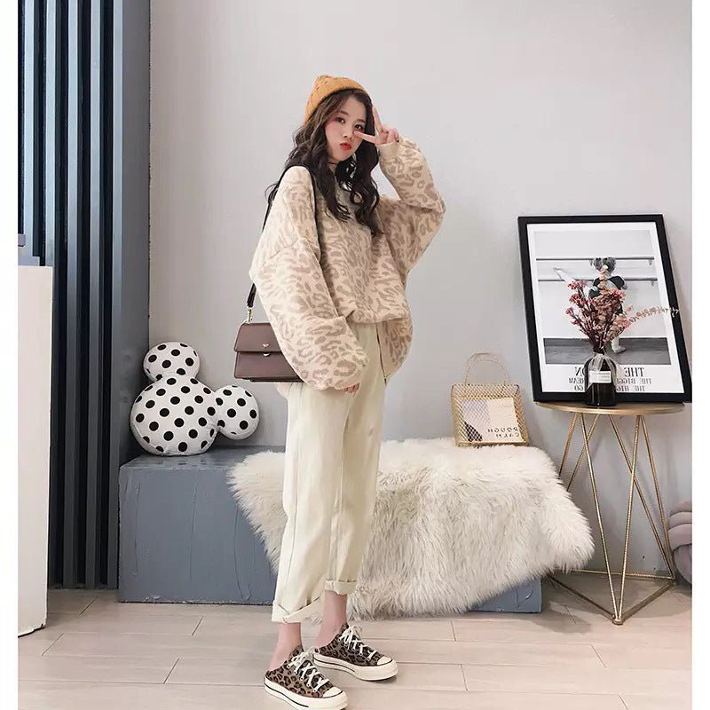 Autumn and Winter New Leopard Print Sweater Women's Korean Version Loose Lazy Wind Pullover Internet Celebrity Small Fresh Knitted Sweater Tide