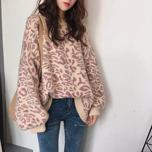 Autumn and Winter New Leopard Print Sweater Women's Korean Version Loose Lazy Wind Pullover Internet Celebrity Small Fresh Knitted Sweater Tide