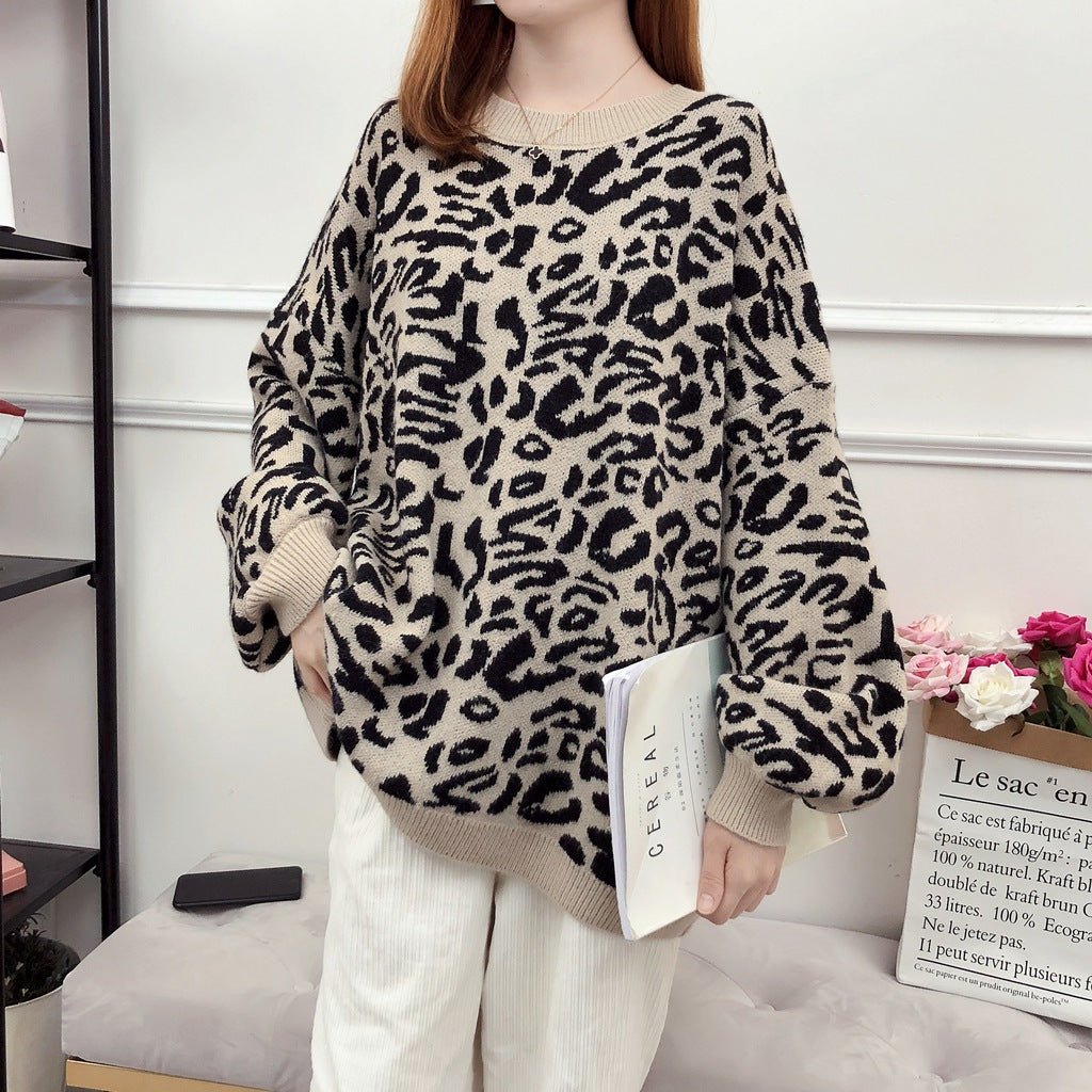 Autumn and Winter New Leopard Print Sweater Women's Korean Version Loose Lazy Wind Pullover Internet Celebrity Small Fresh Knitted Sweater Tide