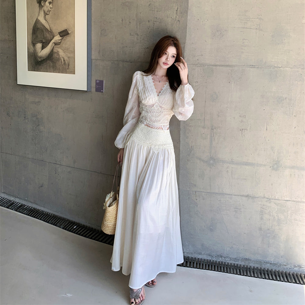 Tranquil Chiffon Blouse + Sculpted Skirt Set | Delicate Lace Details