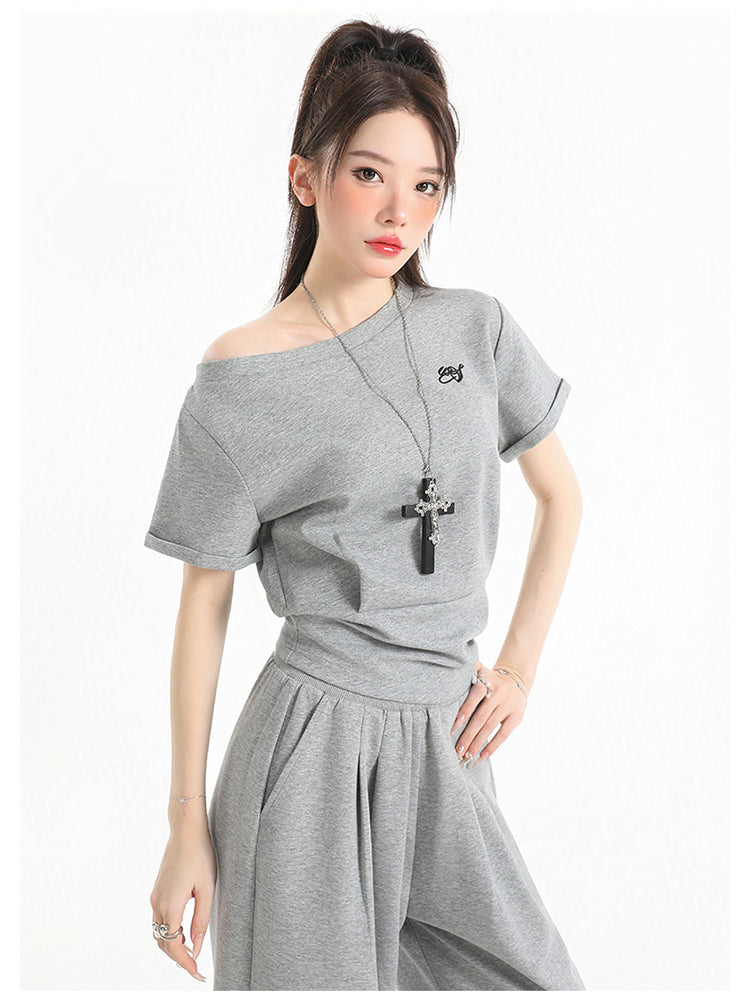 Stillness Sport Set: Slate-Gray Off-Kilter Shoulder Top + Engineered Relaxed Pants