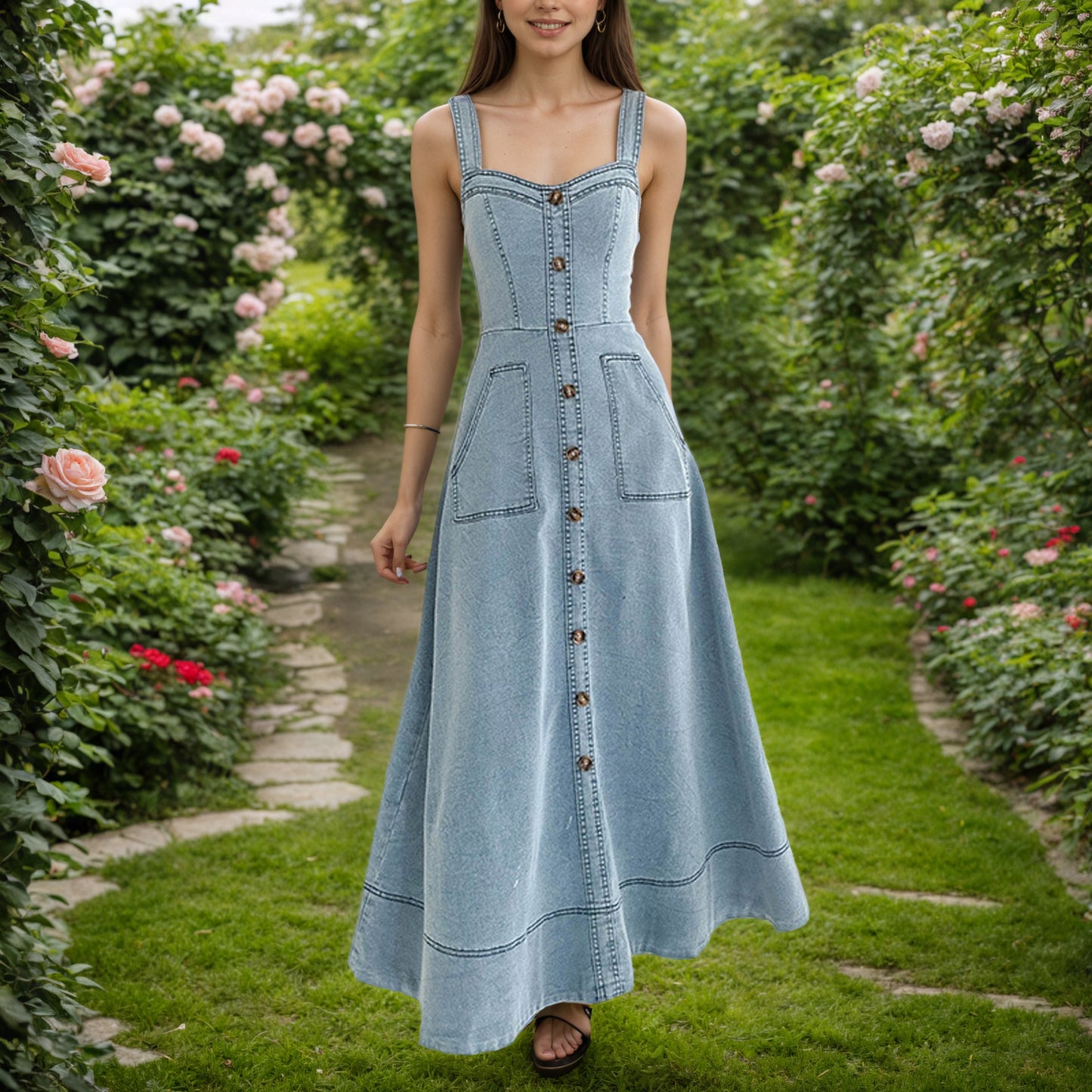 Summer Denim Halter Dress High Waist Long Maxi - Slim Fit Commuting Retro Style