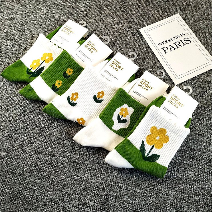 New Style Fashion Wholesale Custom Flower Design Beautiful School Girl Younger Women 100 Cotton Crew Socks