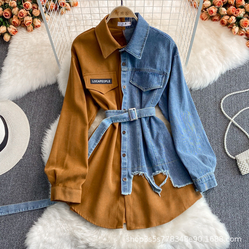 Denim Splicing Lapel Dress Spring and Autumn New Waist and Thin Irregular Medium and Long Shirt