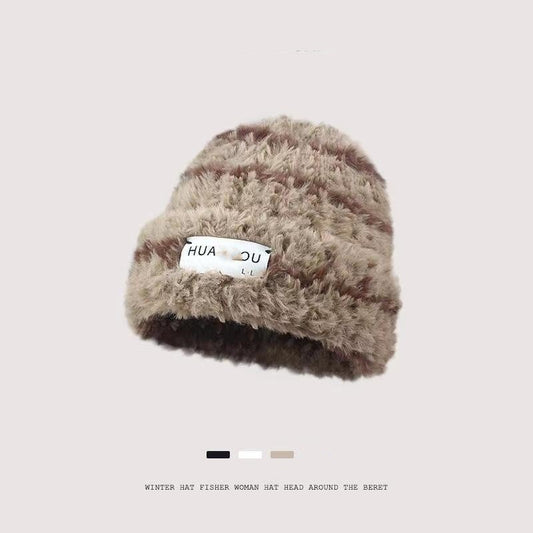 New Knitted Hat Children's Winter Wool Stripes Show A Small Face Plush Warm Thickened Large Head Circumference Ear Protectors Stacking Hat