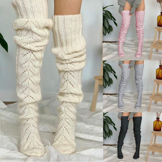 Autumn and Winter Solid Color Hollow Mesh Long Tube Knee Stacking Socks Women's Fashion Knitted Wool Socks