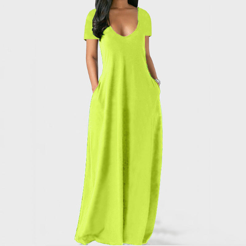 Summer Trending Plus Size Solid Color Maxi Dress - Sexy Deep V-Neck Short Sleeve