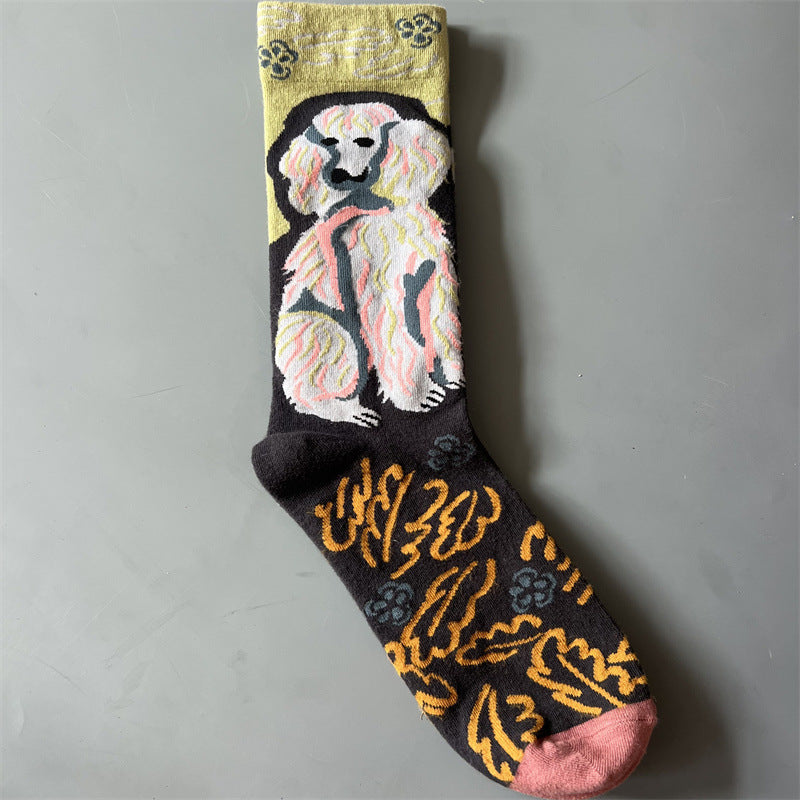New Product Mid Calf Socks Women Oil Painting Socks Niche Fun Literary and Artistic Color Socks