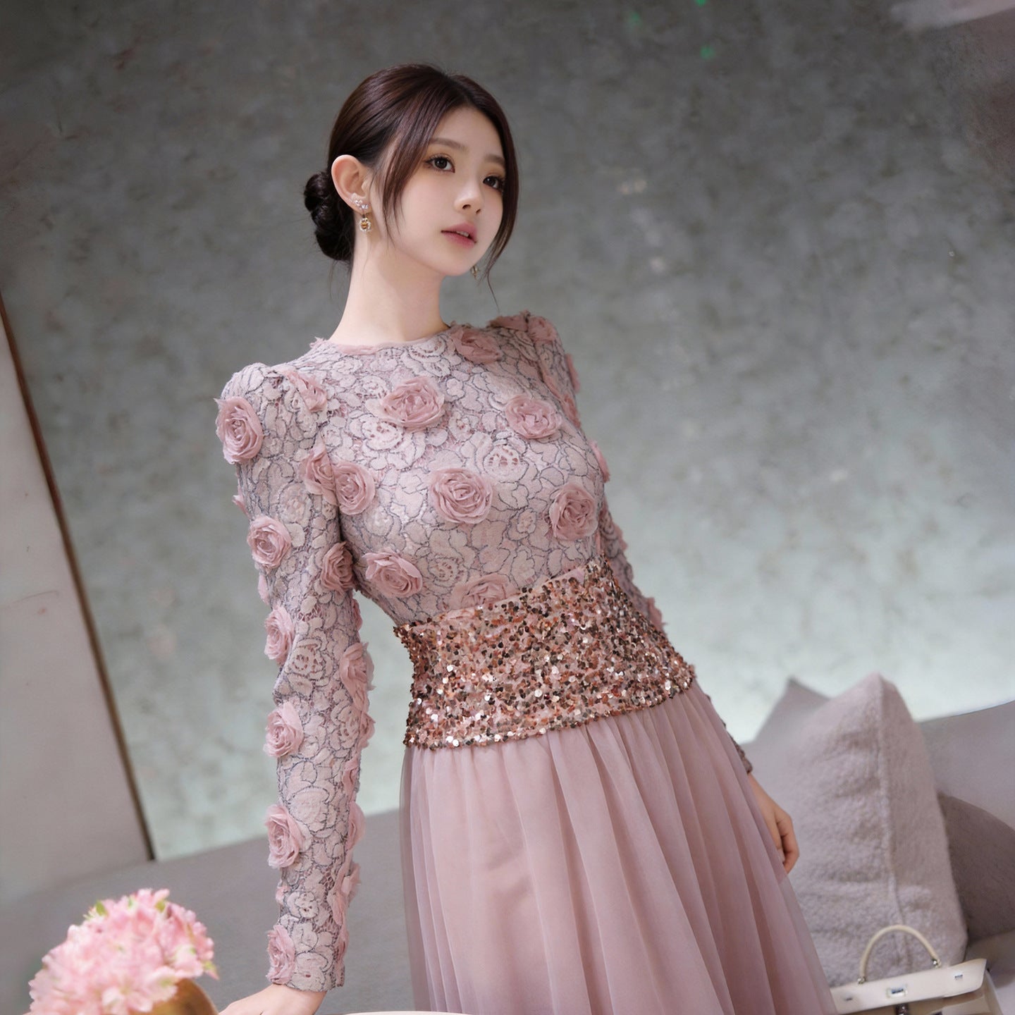 Women’s French-Inspired 3D Floral Sequin Mesh Waist Dress, Elegant Spring & Autumn Party Dress