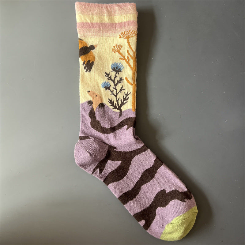 New Product Mid Calf Socks Women Oil Painting Socks Niche Fun Literary and Artistic Color Socks