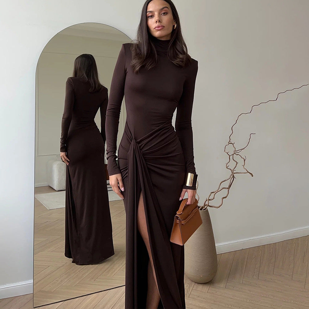 New Autumn Turtleneck Long-sleeved Fashion Splicing Straps Knots Slim Hip-wrapped Dress Women