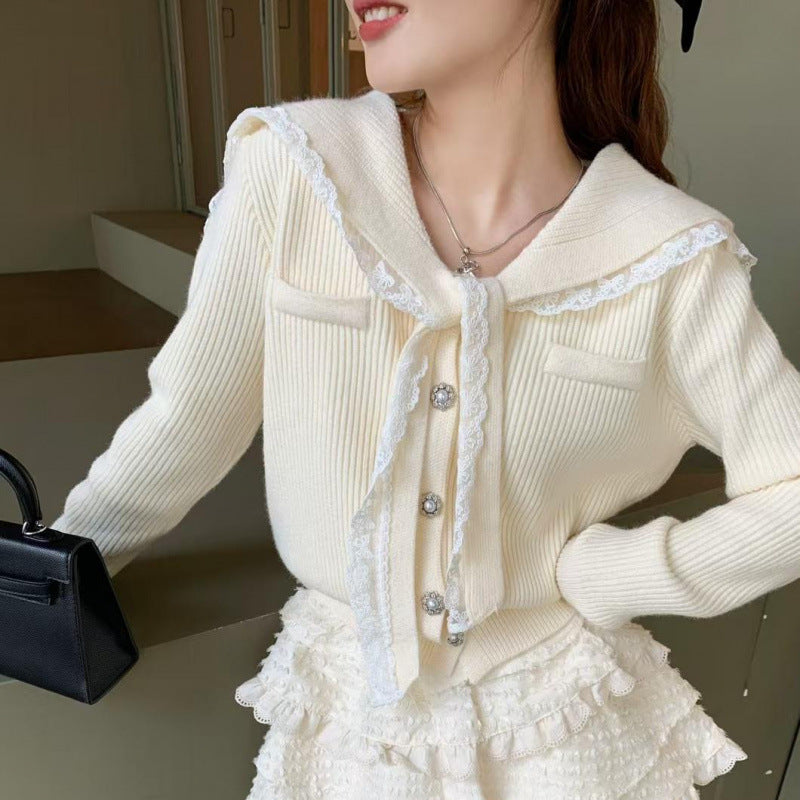 Solid Color Lace Edge Knitted Cardigan Women's Spring New Lace-up Lapel Splicing Top Women