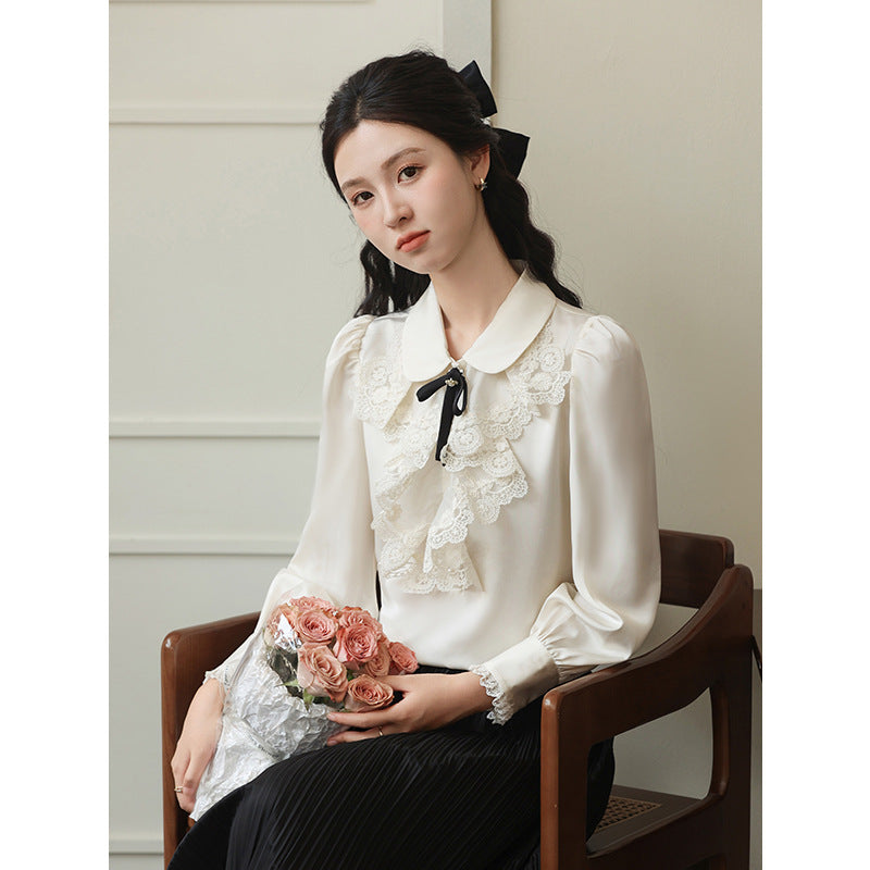 Spring New French Rich Girl Lace Embroidered Bow Doll Collar Satin Long Sleeve Shirt Women