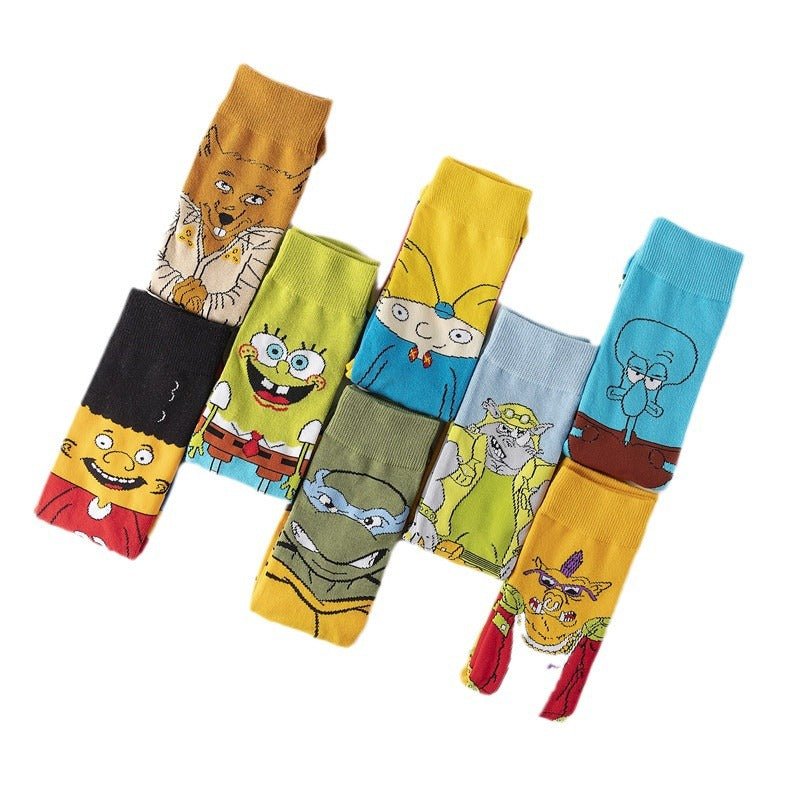 Male Cotton Animation Men's Women's Cartoon Socks Men's Socks Medium Stockings Combed Cotton Socks-5PRS
