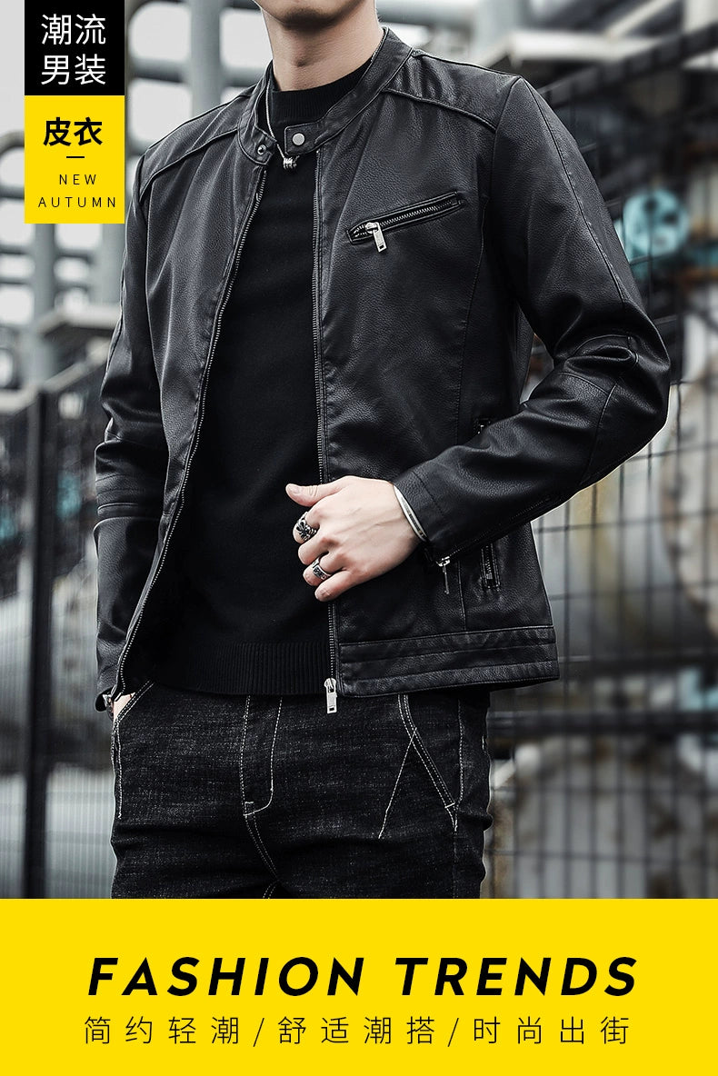 Super Popular Locomotive Leather Jacket Men's Slim-fitting Short Spring and Autumn Jacket with Fleece Is Handsome