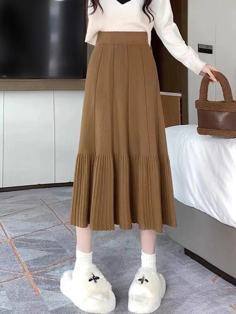 Pleated Knitted Skirt Women's Autumn and Winter New Fashion High Waist Korean Version Casual and Thin Big Swing Skirt A-shaped Skirt Umbrella Skirt
