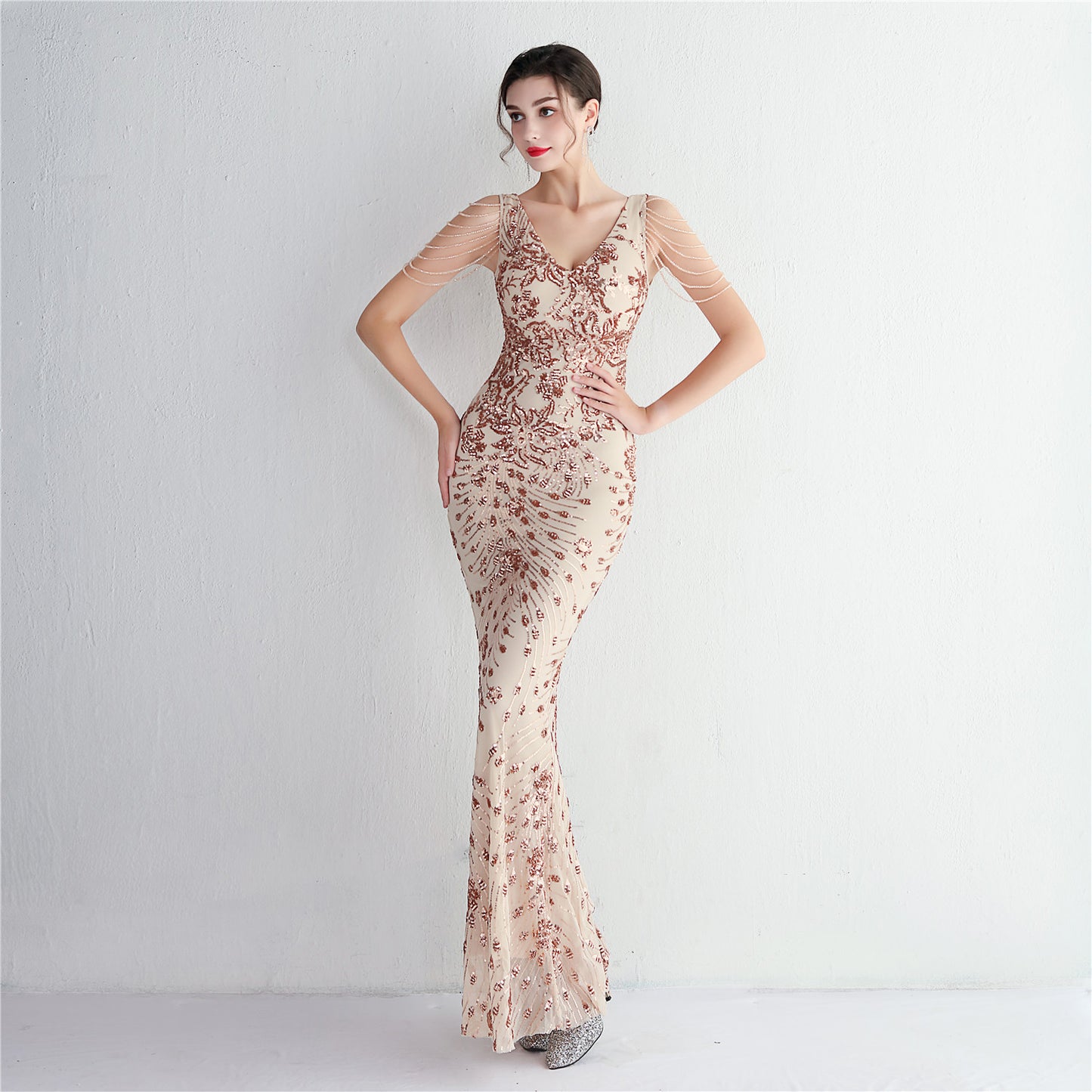 Elegant Long Sequin Evening Dress: Temperament Slim Gown for Banquet & Annual Meeting