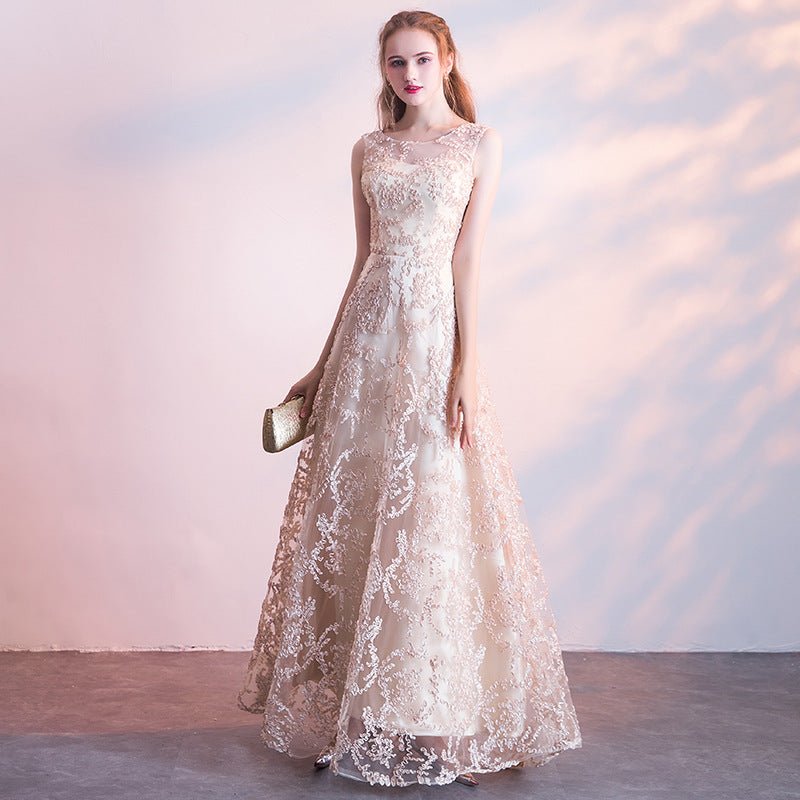 Evening dress new banquet host long thin sleeveless temperament socialite lace champagne dress