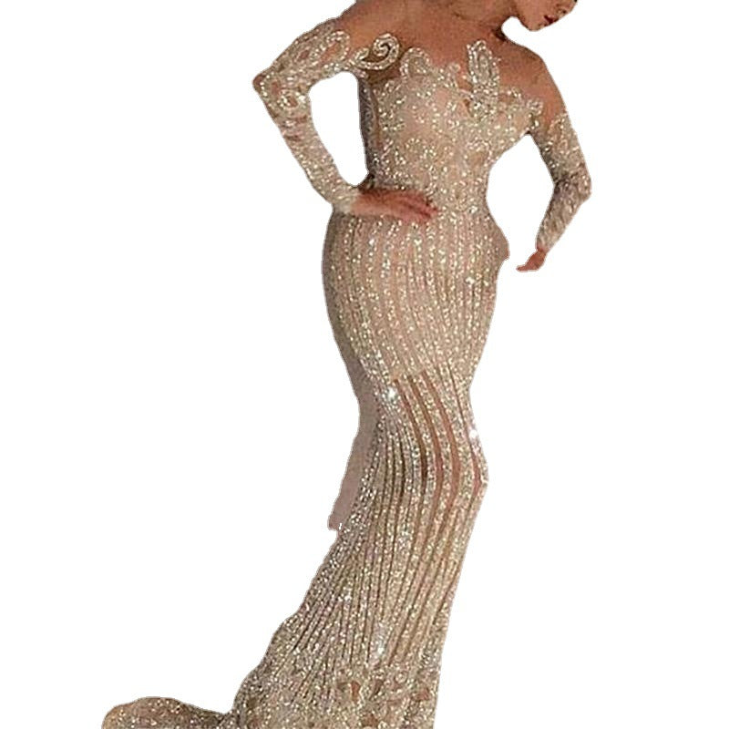Long Dress Mid-waist Temperament Commuter Gold Sequins Solid Color Chest Wrap Elastic Gold Slim Dress