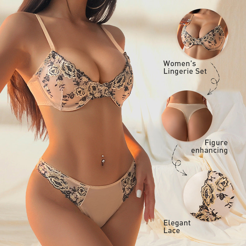 Ultra-Thin Lace French Bra & Panty Set - Sexy Gathered Top Support Underwear for Fall Fashion