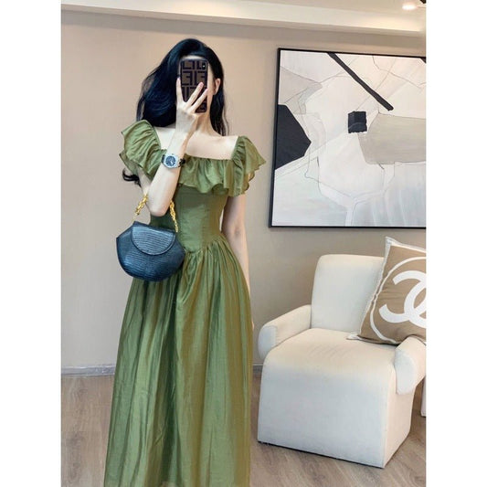 Green one-word shoulder square neck bubble sleeve dress women's summer new temperament long skirt