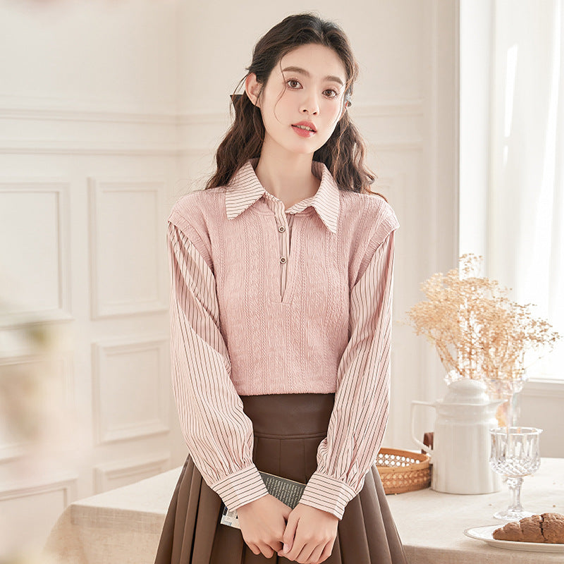 Spring New Sweet Fake Two-piece Contrasting Striped Long-sleeved Shirt Women's Design Sense Splicing Knitted Top