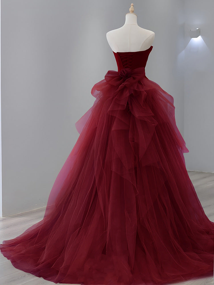 Romantic Burgundy Fishtail Gown: Vintage-Inspired Wedding Toast Dress with Timeless Elegance