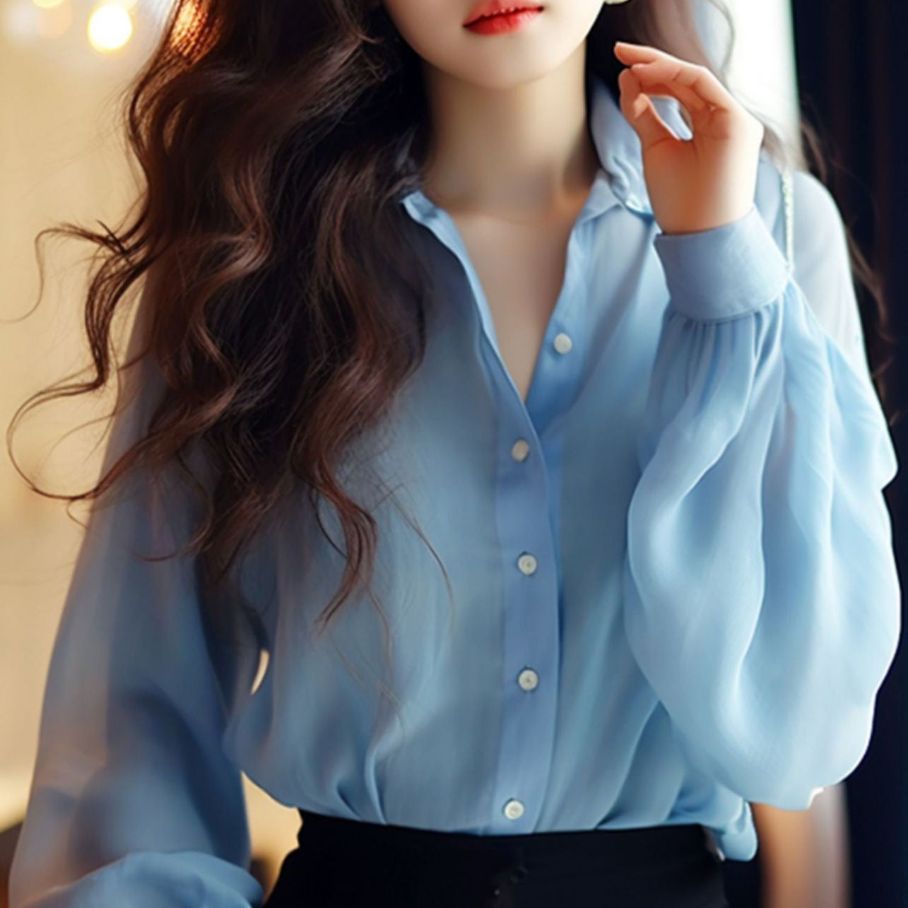 Healing Blue Crinkle Chiffon Top: Spring Airy Lantern Sleeve Blouse for Women - Work to Garden Minimalist Style