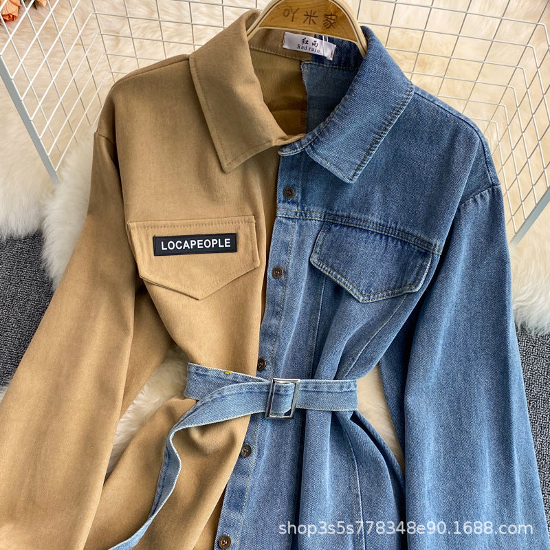 Denim Splicing Lapel Dress Spring and Autumn New Waist and Thin Irregular Medium and Long Shirt