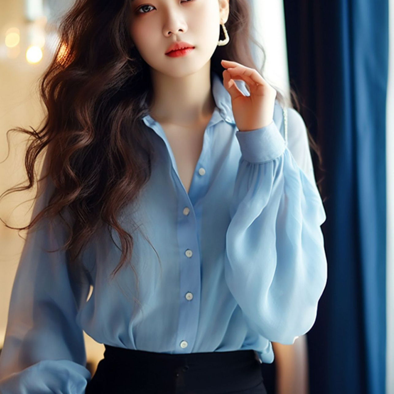 Healing Blue Crinkle Chiffon Top: Spring Airy Lantern Sleeve Blouse for Women - Work to Garden Minimalist Style