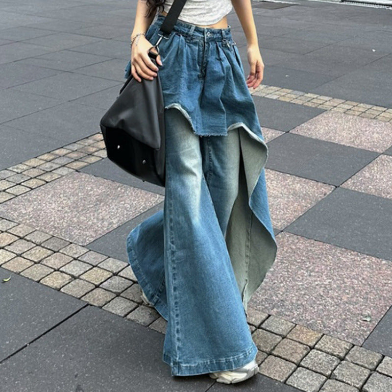 Slightly Fat Spice Girl Design Sense Irregular Splicing Jeans Autumn and Winter New Fake Two-piece Thin Flared Pants