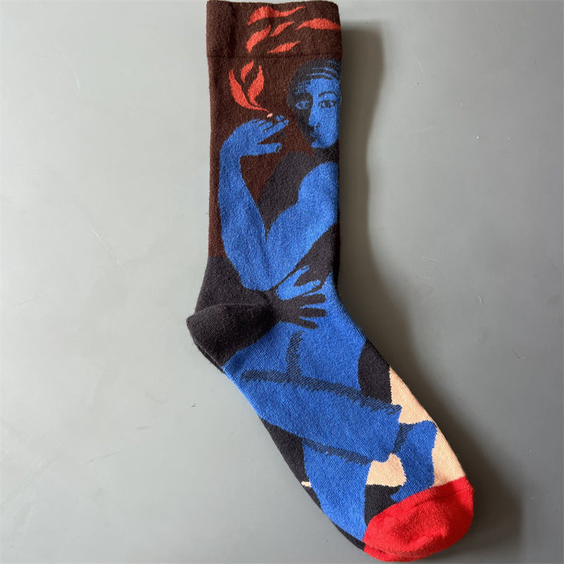 New Product Mid Calf Socks Women Oil Painting Socks Niche Fun Literary and Artistic Color Socks