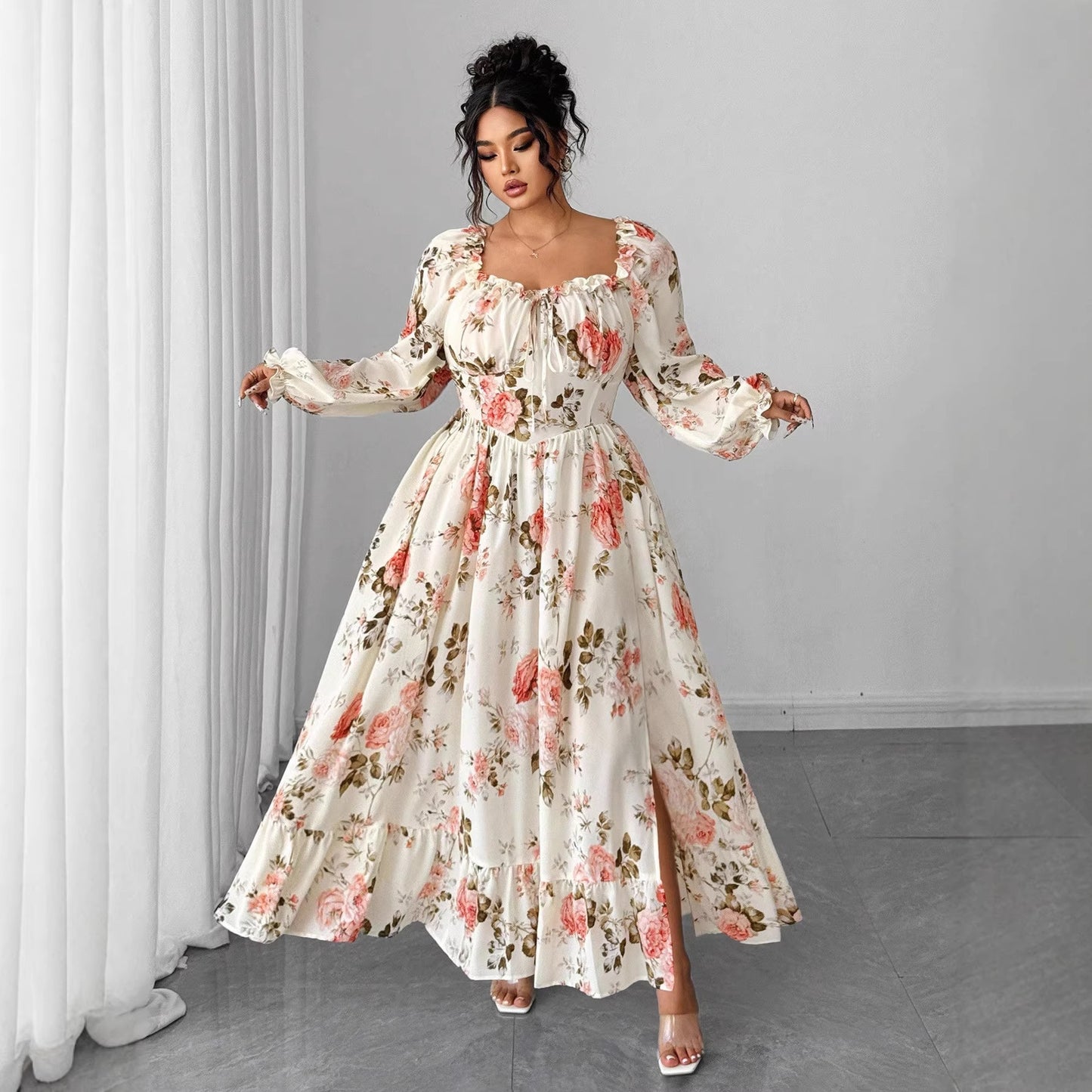 Dark Academia Floral Dress: Square Neck, Bubble Sleeves, High Slit | Vintage Elegance