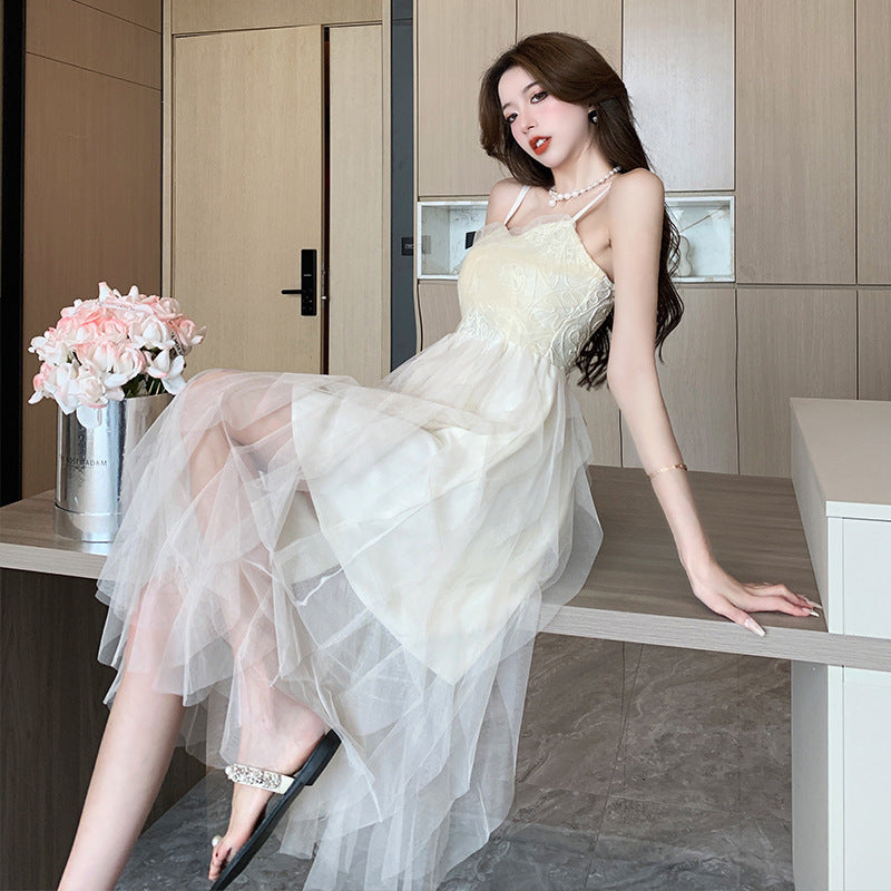 Small White Dress Light Wedding Dress Fairy Mesh Daily Dress Sexy Tube Top Suspender Dress