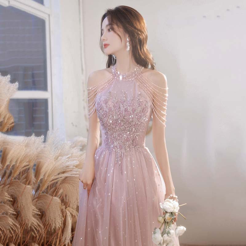 Dusty Pink Evening Gown: Celebrity Style Light Luxury Party Dress for Wedding Banquet, Birthday & Holiday Hostess