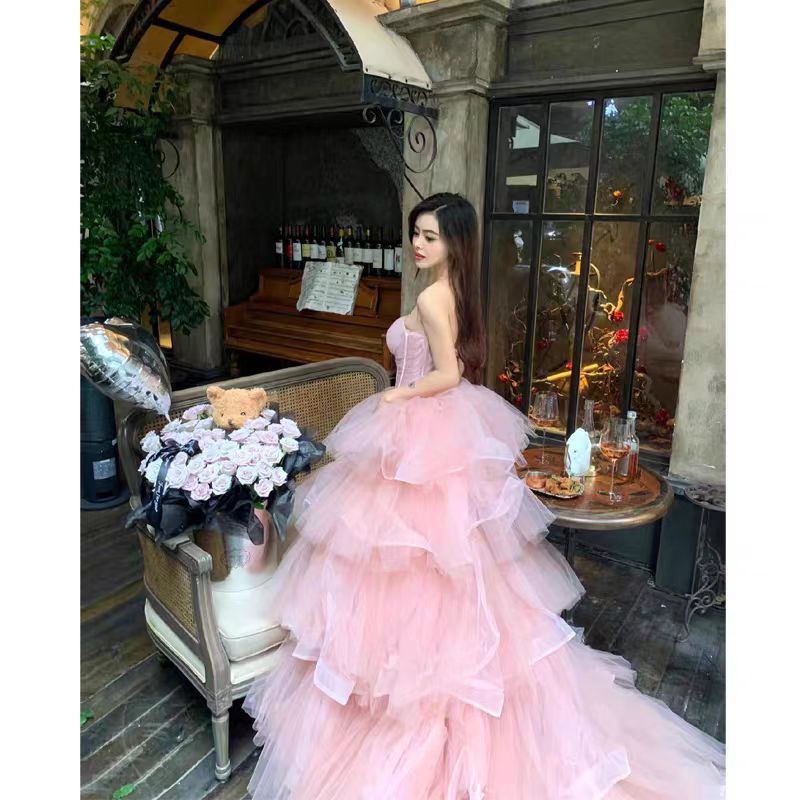 Pink Evening Dress Women's High-end Tube Top Light Wedding Dress French Banquet Light Dress Adult Dress Trailing Princess Dress