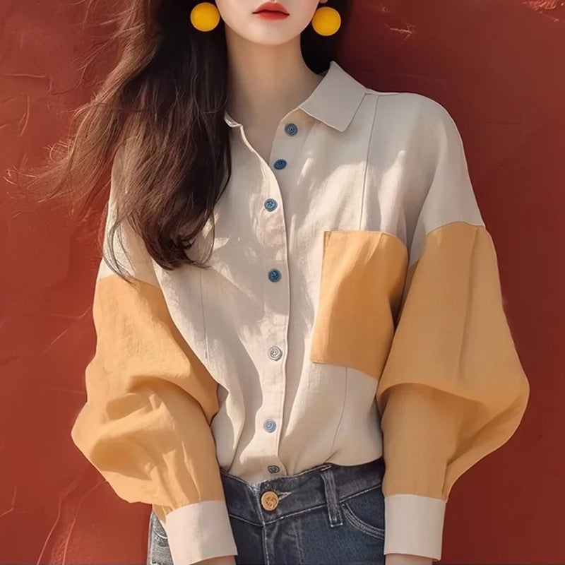 French Wrap Creamy Apricot Top: Crinkle Seaming Long Sleeve Blouse for Women - Autumn Transition Work to Café Style