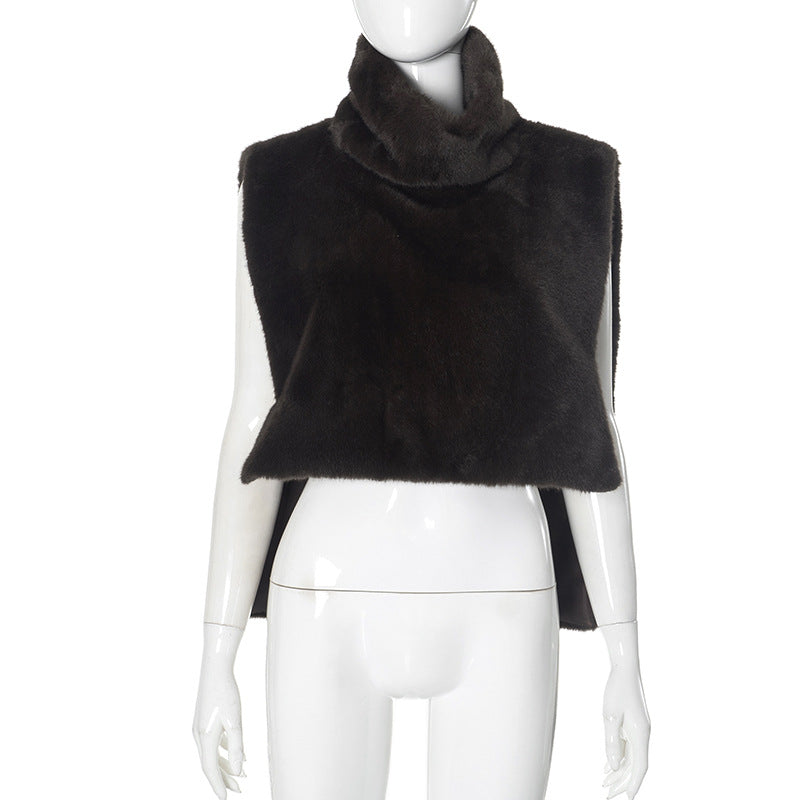 Slim Faux Fur Vest Mock Neck Quilted Sleeveless Top Solid Color Winter