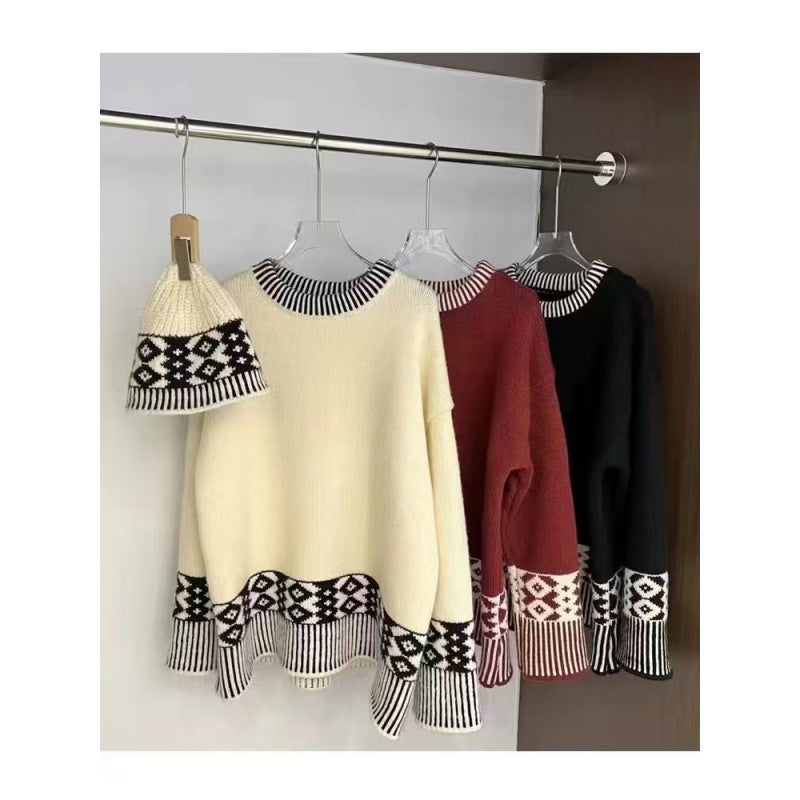 Retro Jacquard Knitted Sweater for Autumn and Winter Wear with Lazy Sweater Loose Top with Cap Set