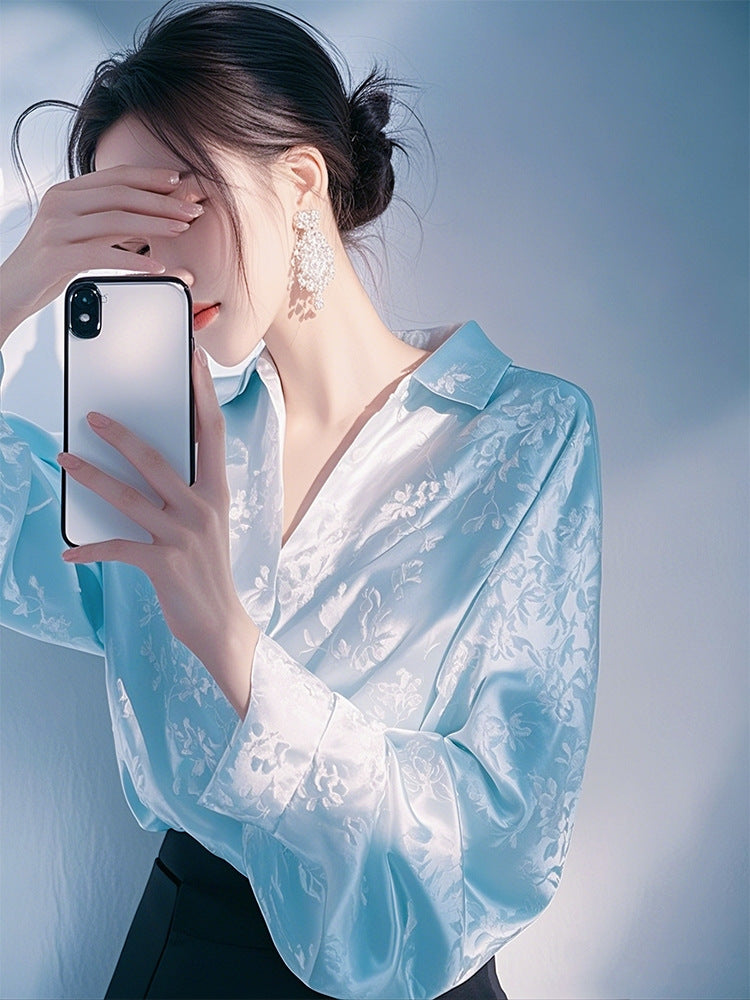 Women’s Purple Satin Jacquard Blouse - French Vintage Fall Long Sleeve Elegant Shirt