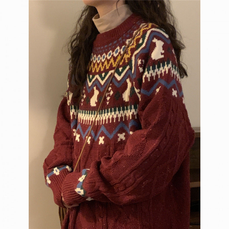 New Year's Red Sweater for Women's Autumn and Winter New Lazy Wind Niche Knitted Sweater for Women