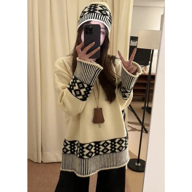 Retro Jacquard Knitted Sweater for Autumn and Winter Wear with Lazy Sweater Loose Top with Cap Set