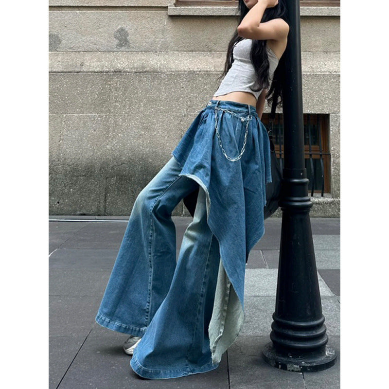 Slightly Fat Spice Girl Design Sense Irregular Splicing Jeans Autumn and Winter New Fake Two-piece Thin Flared Pants