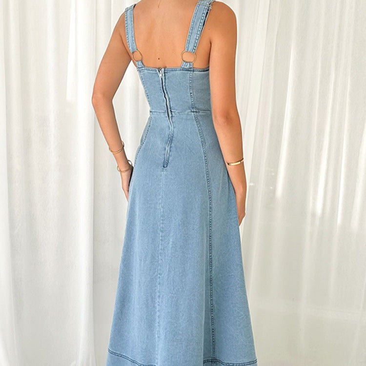 Summer Denim Halter Dress High Waist Long Maxi - Slim Fit Commuting Retro Style